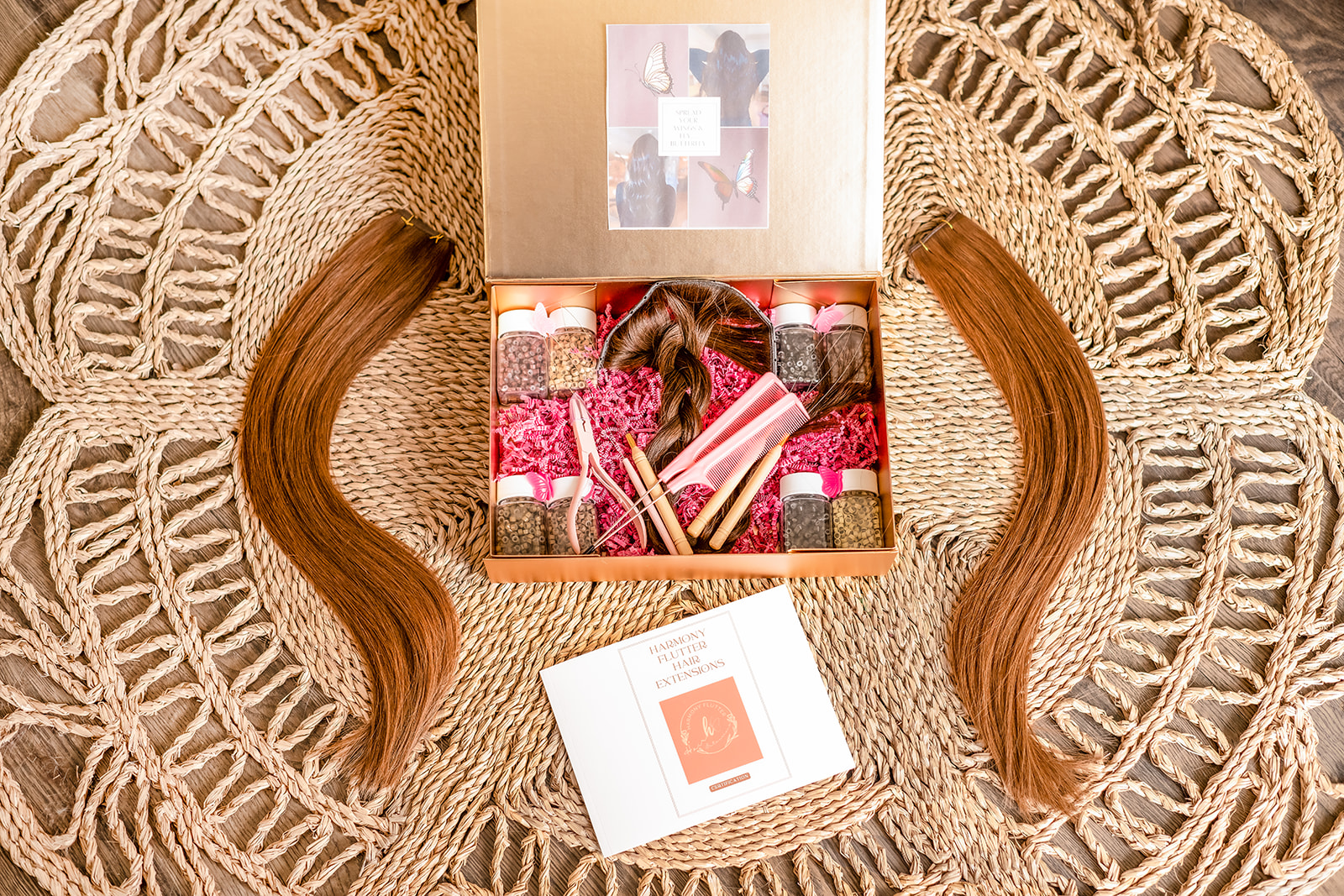 A certified hair extensions kit at A Shade of Vintage with beads, tools, and natural-color hair samples